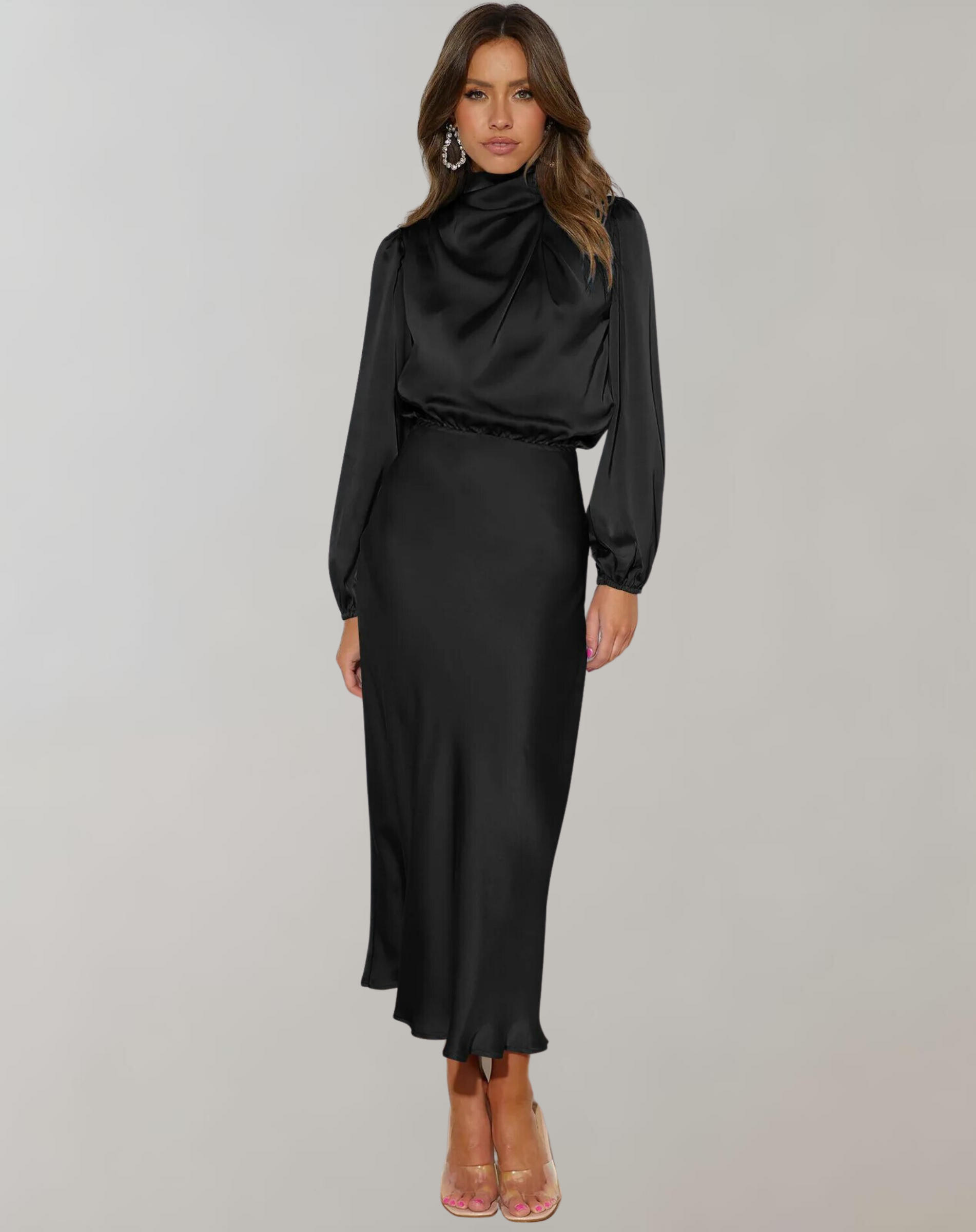 Ank | Elegante Satijnen Jurk met Lange Mouwen