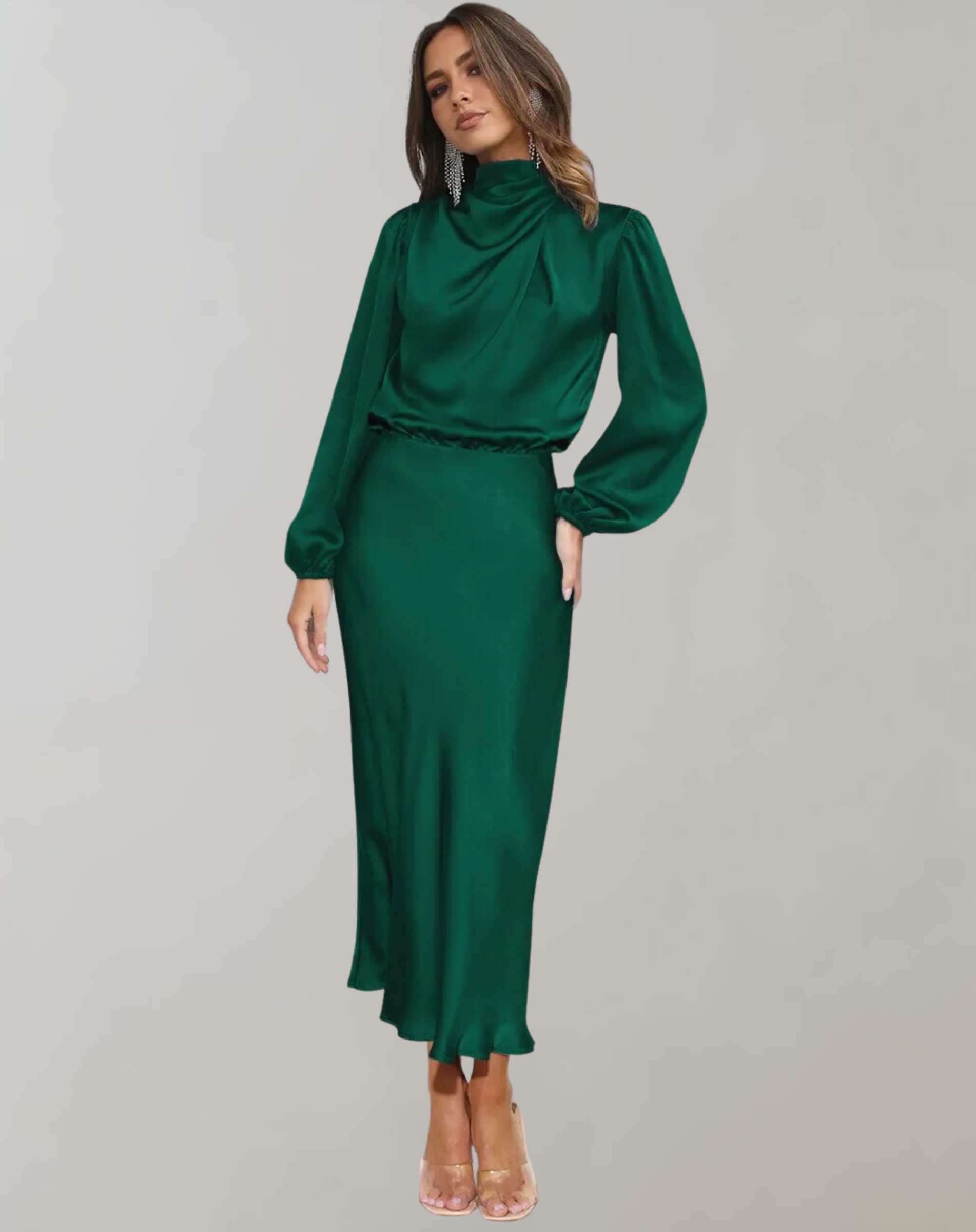 Ank | Elegante Satijnen Jurk met Lange Mouwen
