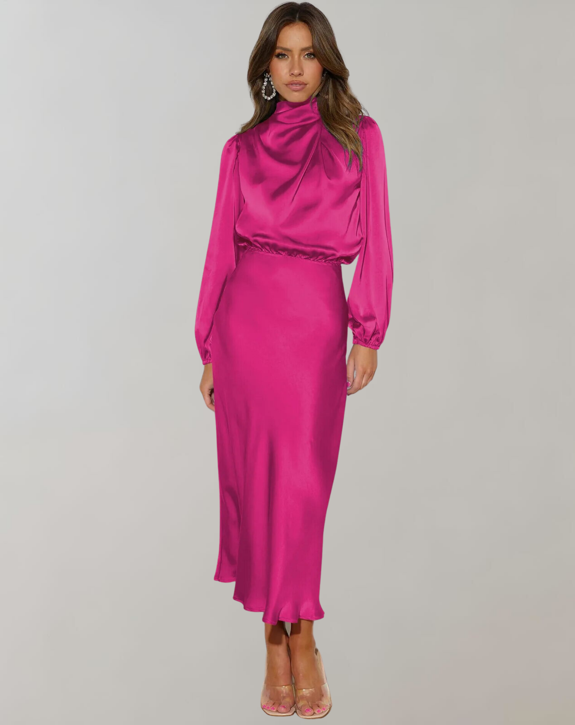 Ank | Elegante Satijnen Jurk met Lange Mouwen