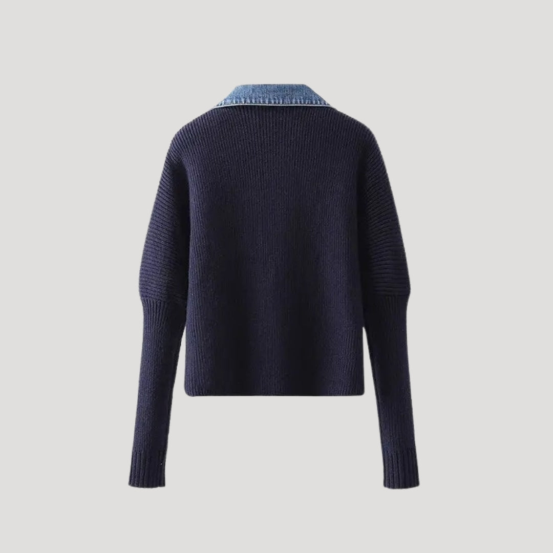 Stijlvolle dames cardigan in navy met trendy denim afwerking