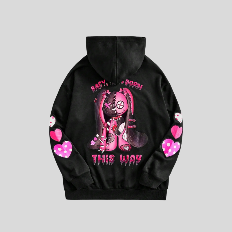 Streetwear Hoodie – Zwarte Unisex Hoodie met Roze Cartoonprint en Hartjes