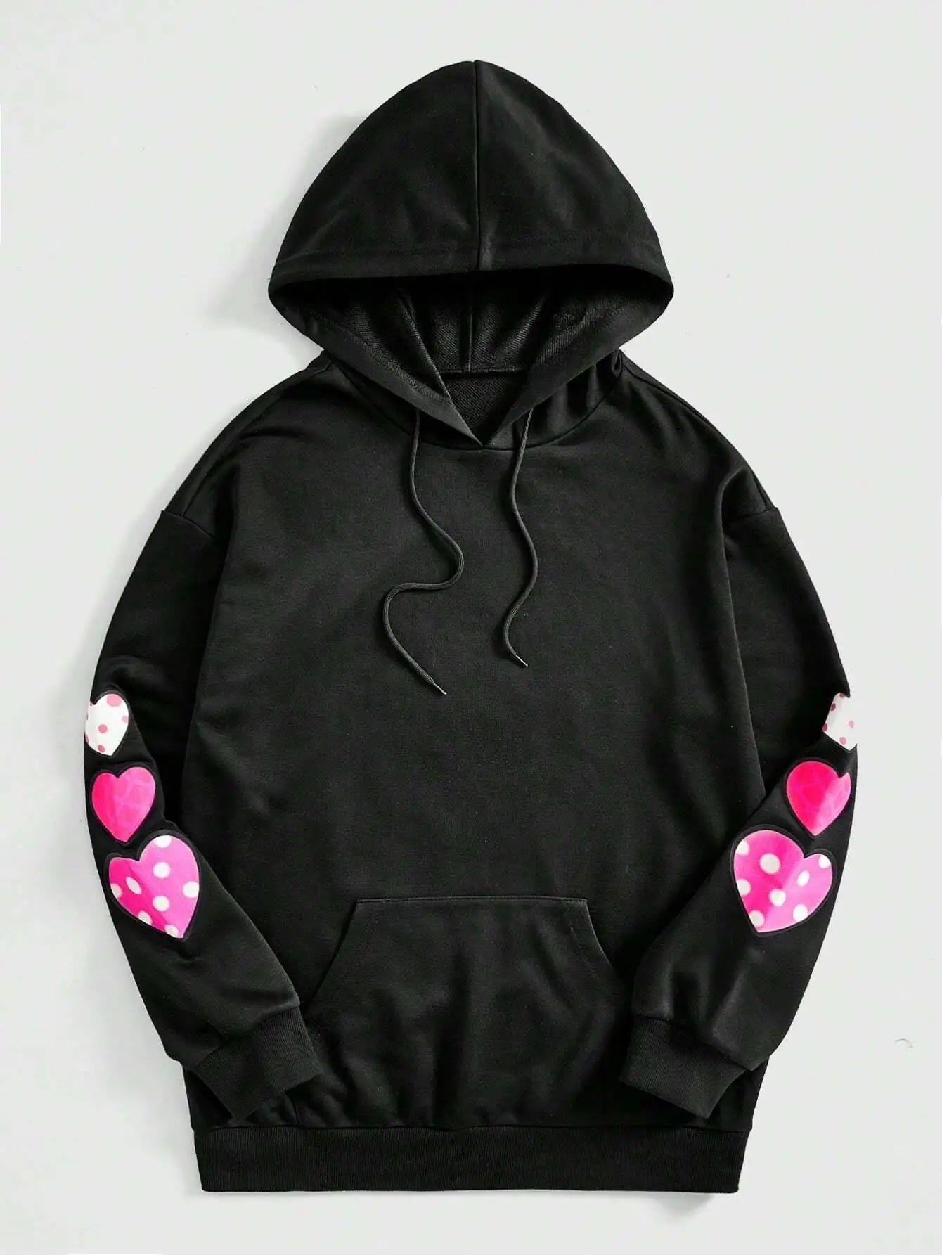 Streetwear Hoodie – Zwarte Unisex Hoodie met Roze Cartoonprint en Hartjes