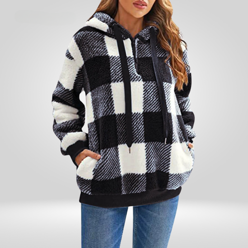 Petra | Stijlvolle Dames Hoodie Met Halve Rits En Ruitpatroon