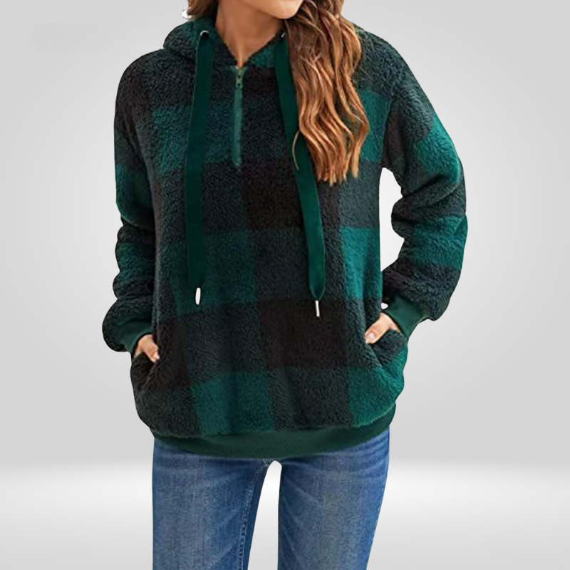 Petra | Stijlvolle Dames Hoodie Met Halve Rits En Ruitpatroon