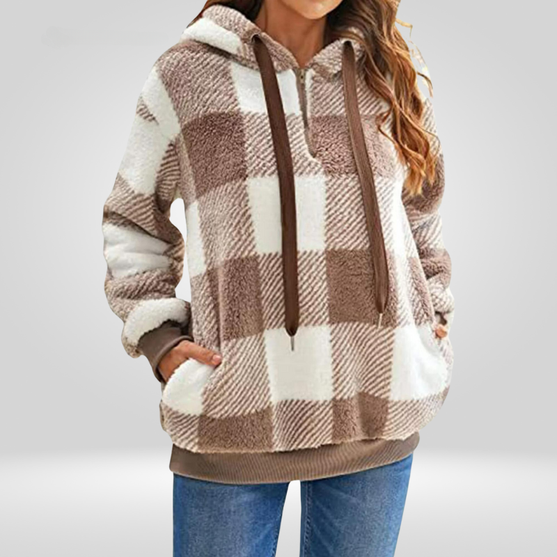 Petra | Stijlvolle Dames Hoodie Met Halve Rits En Ruitpatroon