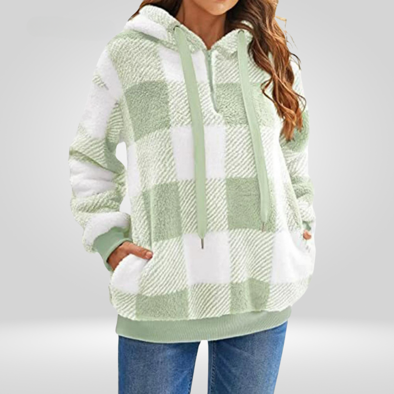 Petra | Stijlvolle Dames Hoodie Met Halve Rits En Ruitpatroon
