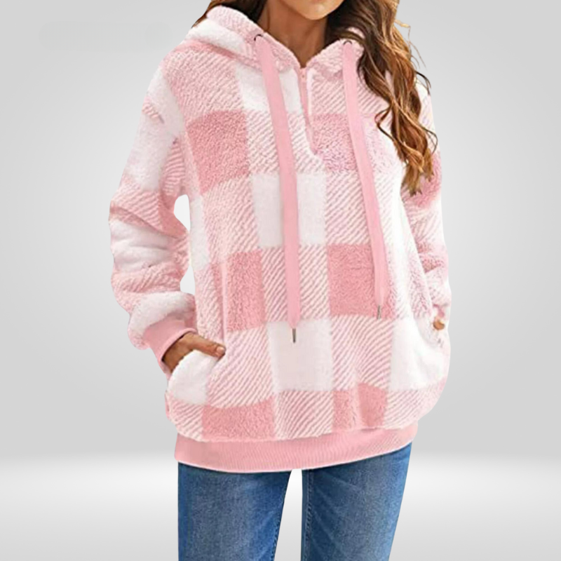 Petra | Stijlvolle Dames Hoodie Met Halve Rits En Ruitpatroon