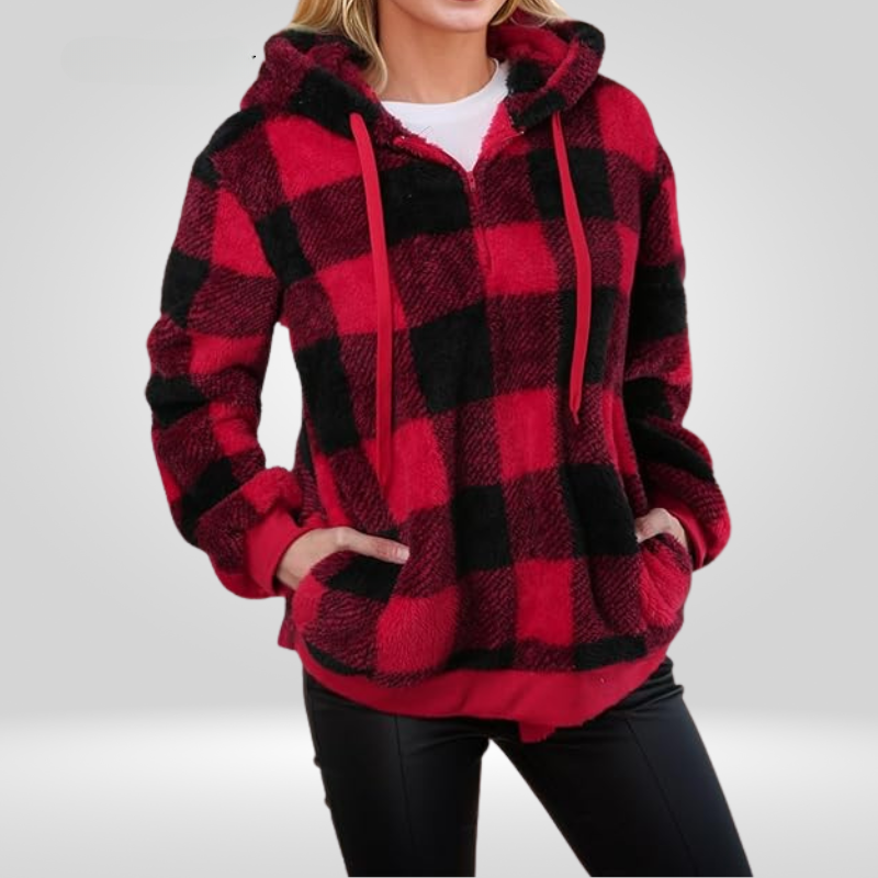 Petra | Stijlvolle Dames Hoodie Met Halve Rits En Ruitpatroon