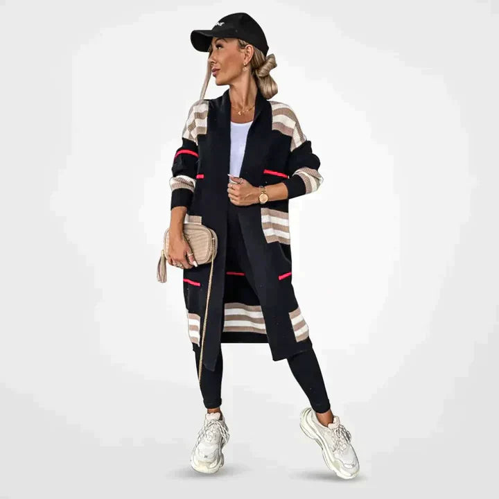 Sabrine | Strepenpatroon Lange Dames Cardigan | Comfortabel
