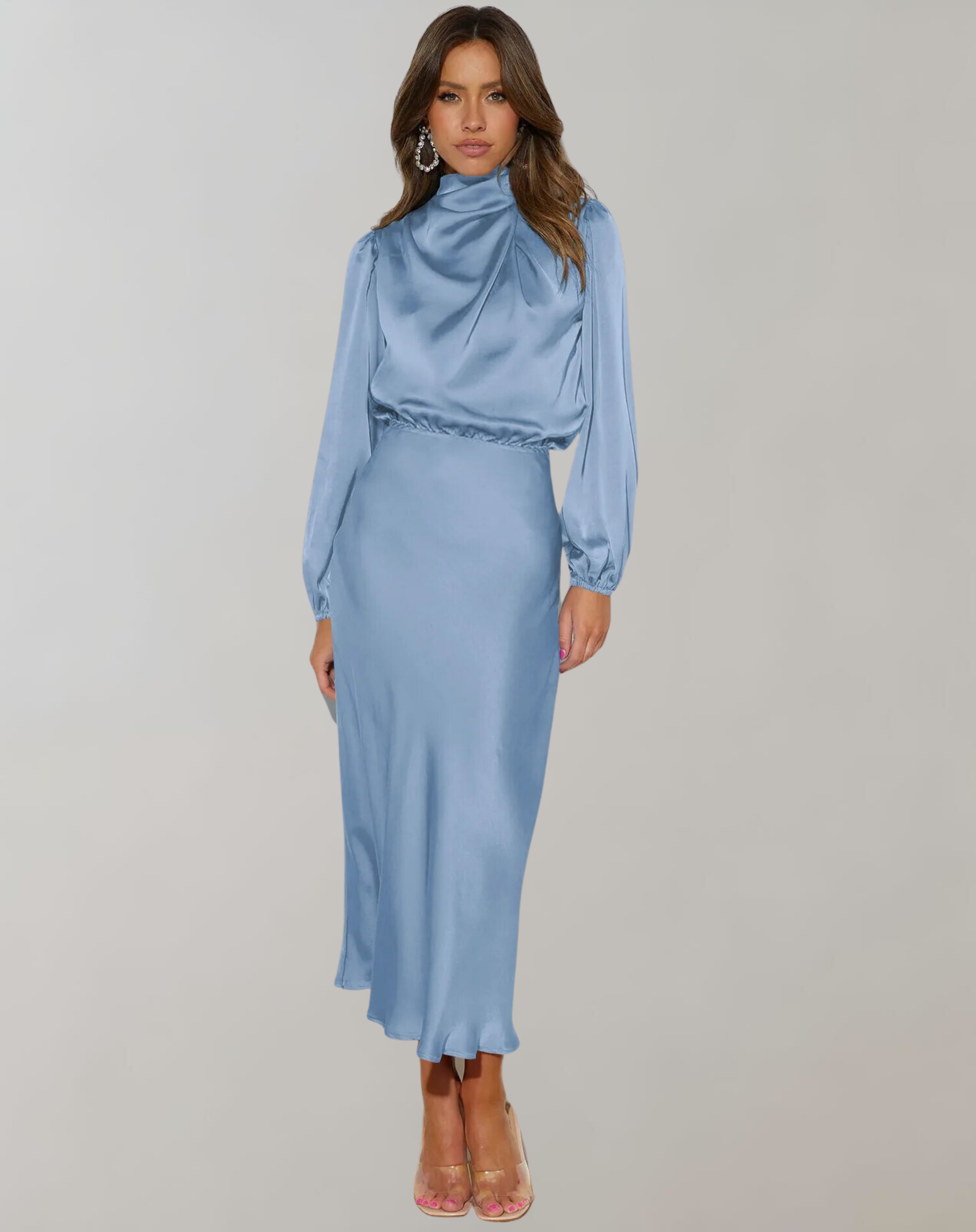 Ank | Elegante Satijnen Jurk met Lange Mouwen