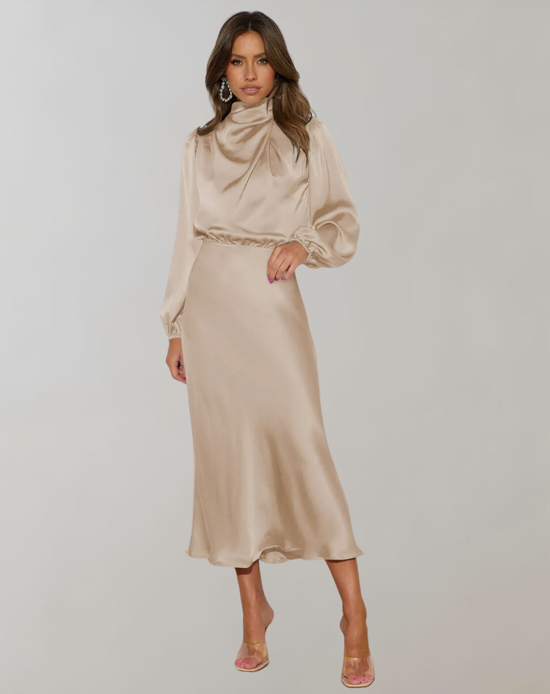 Ank | Elegante Satijnen Jurk met Lange Mouwen
