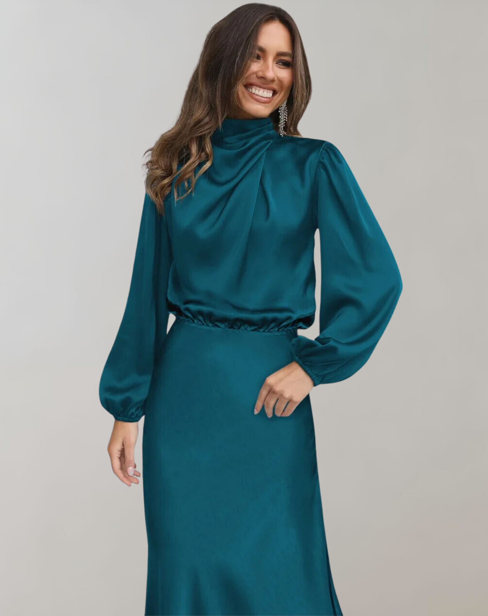 Ank | Elegante Satijnen Jurk met Lange Mouwen