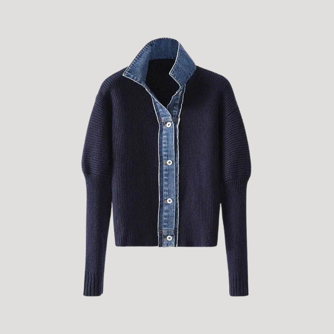 Stijlvolle dames cardigan in navy met trendy denim afwerking