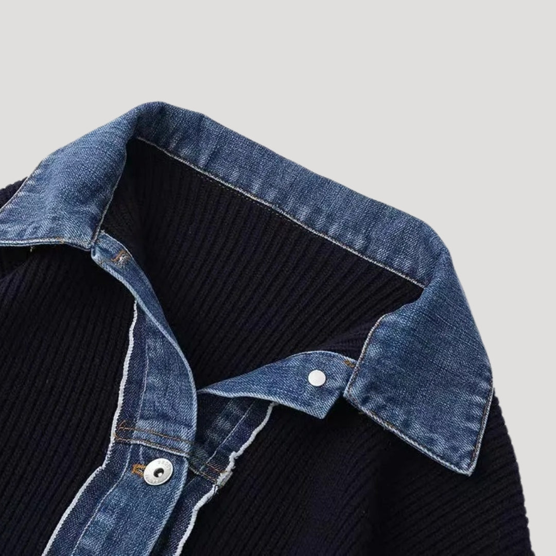 Stijlvolle dames cardigan in navy met trendy denim afwerking