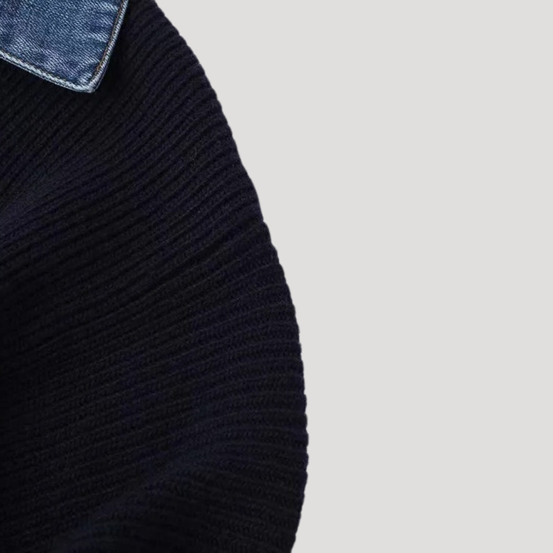 Stijlvolle dames cardigan in navy met trendy denim afwerking
