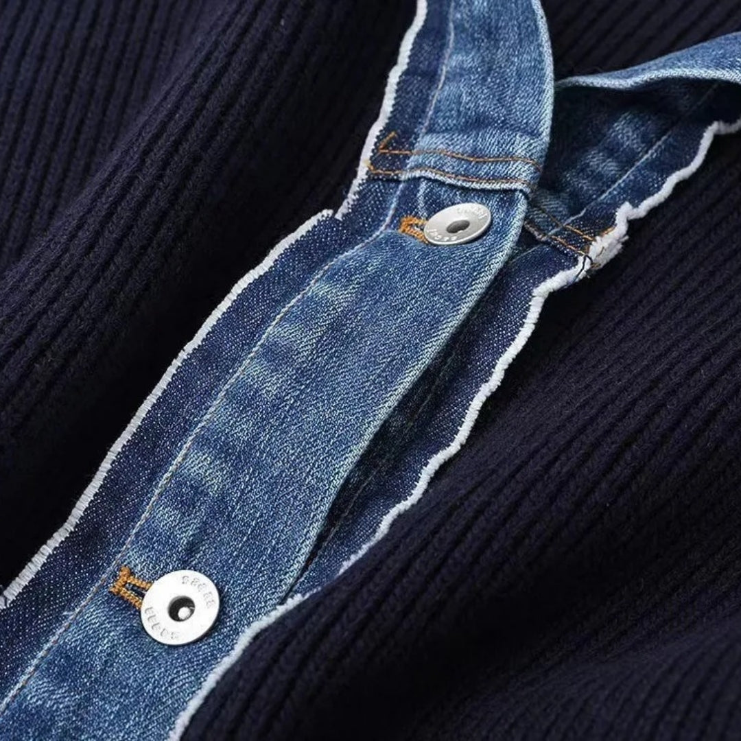 Stijlvolle dames cardigan in navy met trendy denim afwerking