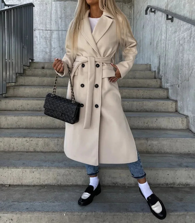 Stijlvolle Dames Lange Dubbelzijdige Winterjas met Ceintuur - Perfect voor Herfst/Winter