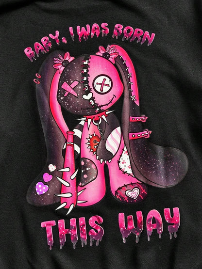 Streetwear Hoodie – Zwarte Unisex Hoodie met Roze Cartoonprint en Hartjes