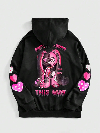 Streetwear Hoodie – Zwarte Unisex Hoodie met Roze Cartoonprint en Hartjes